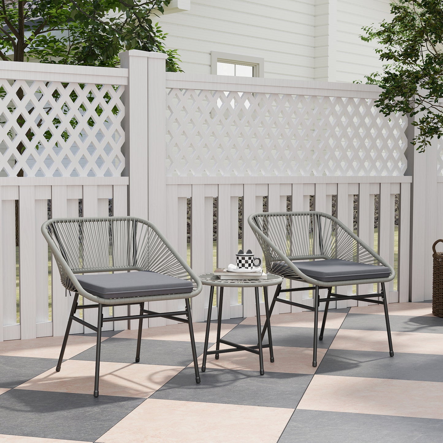 Rattan Bistro Set, Small Balcony Furniture with Cushion, Light Grey