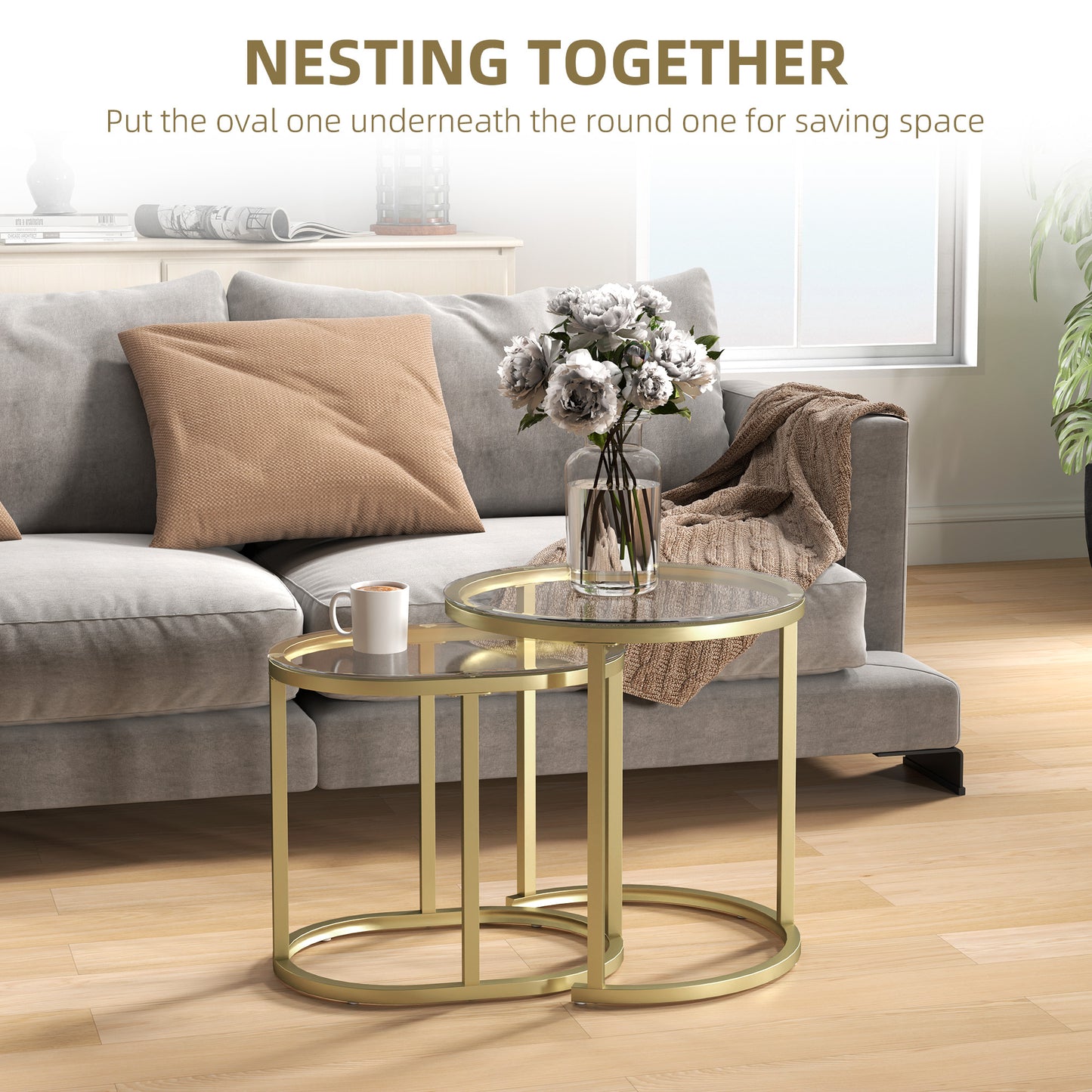 2 Pcs Modern Coffee Table with Tempered Glass Side Tables Clear