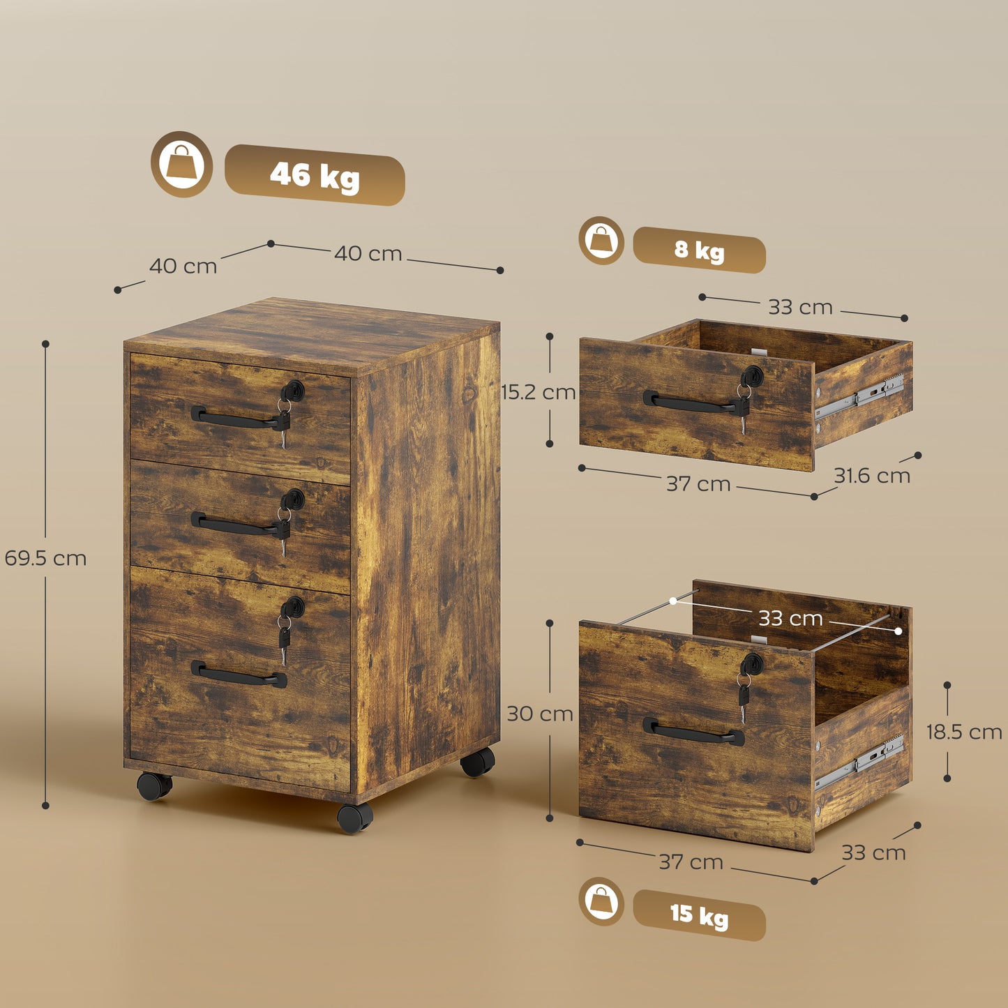 3 Drawer File Cabinet Rolling Filing Cabinet for A4 and Letter Brown