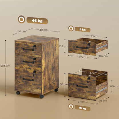 3 Drawer File Cabinet Rolling Filing Cabinet for A4 and Letter Brown