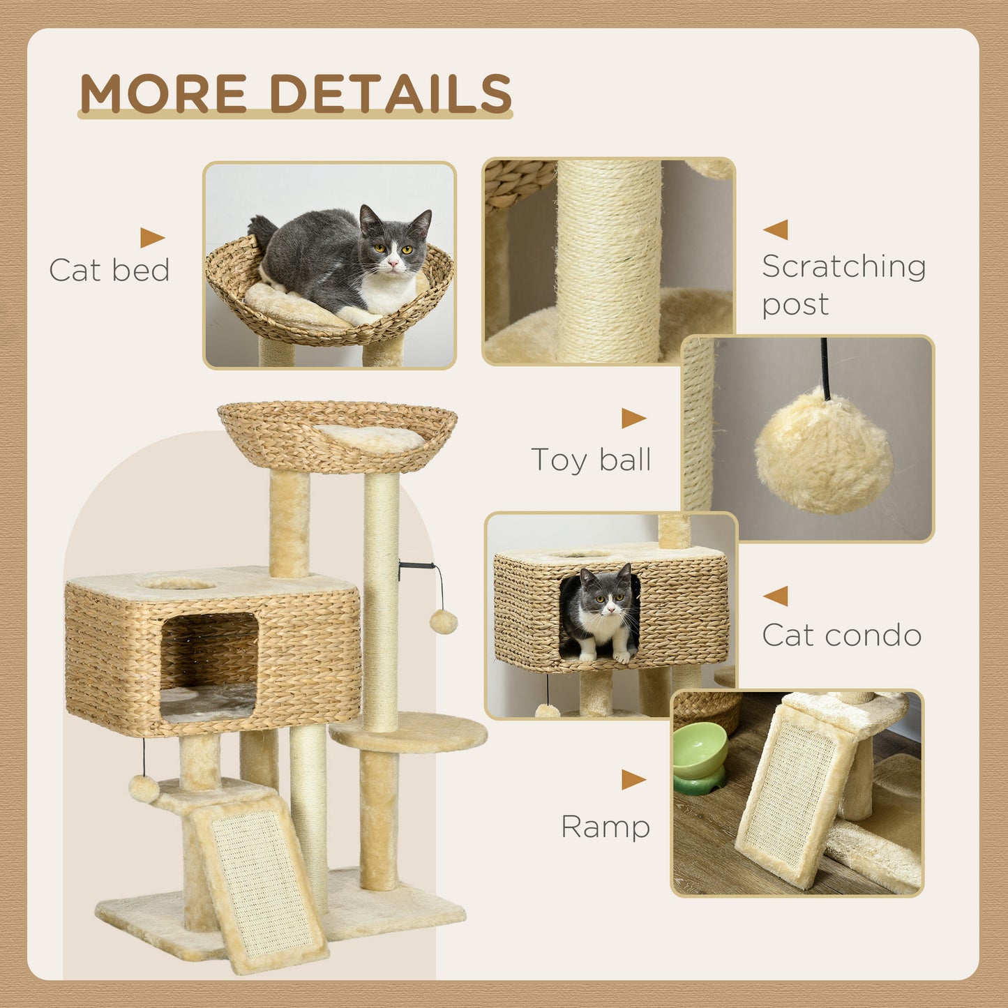 Multi-Level Cat Tree with Scratching Post Condo Bed Ramp, 95cm, Beige