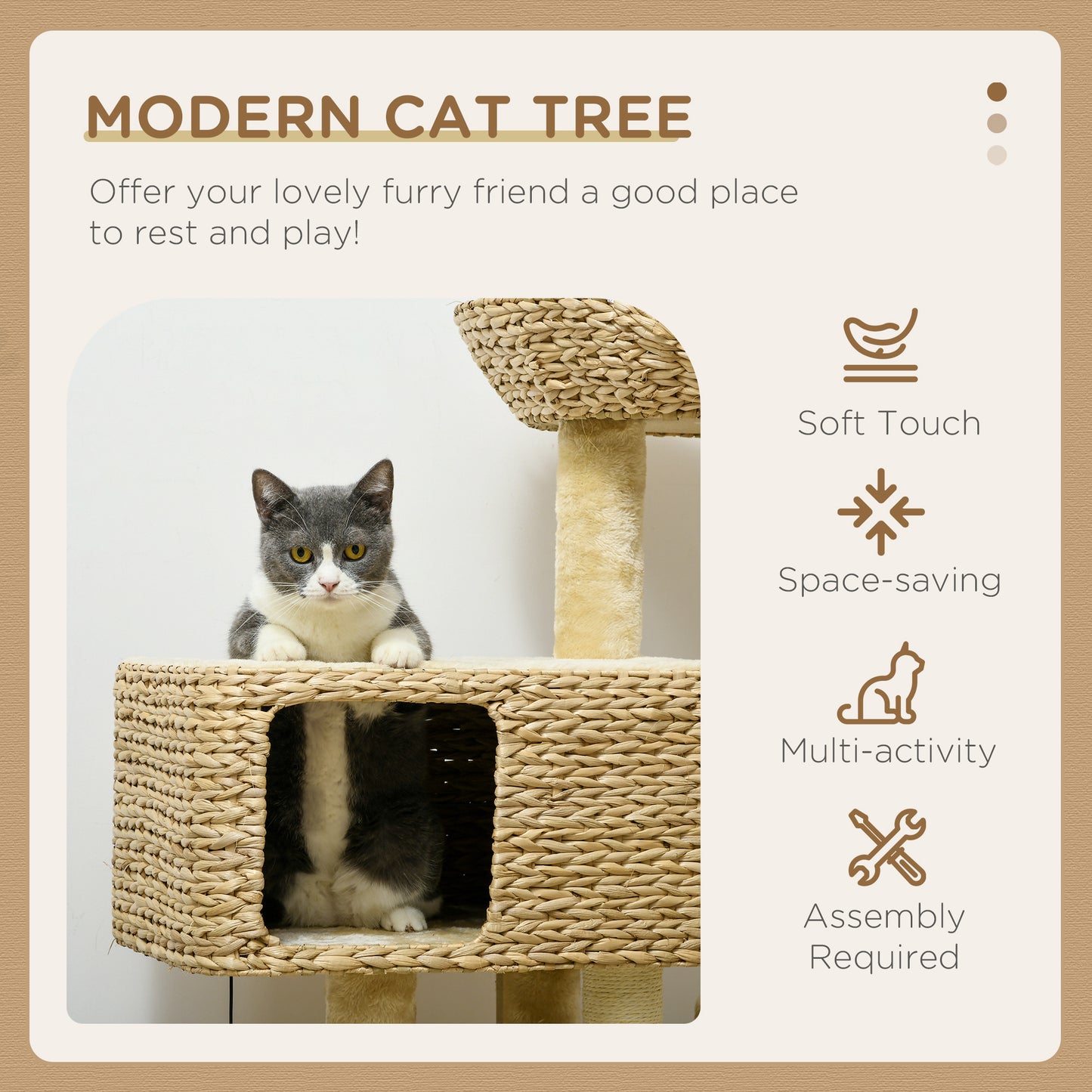 Multi-Level Cat Tree with Scratching Post Condo Bed Ramp, 95cm, Beige