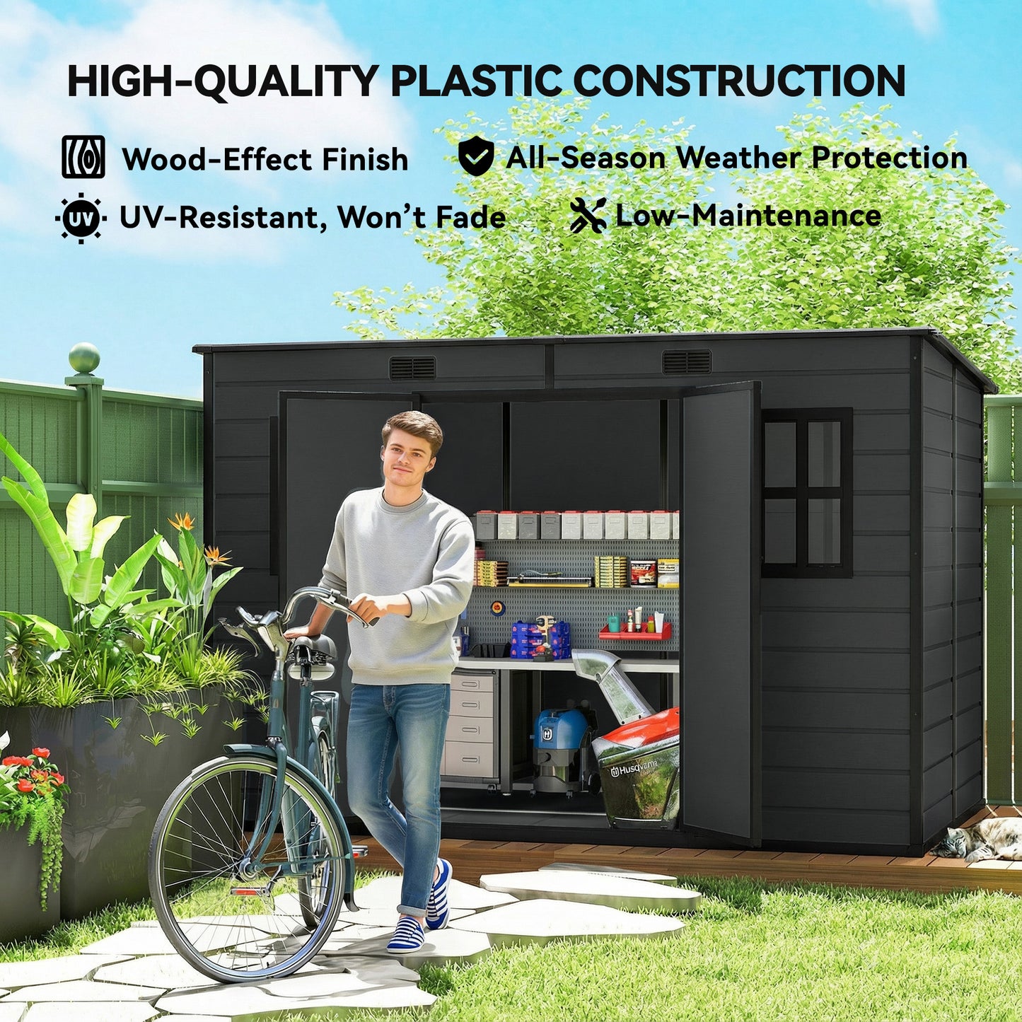 10 x 6 ft Plastic Garden Shed with Floor, Lockable Doors, Dark Grey