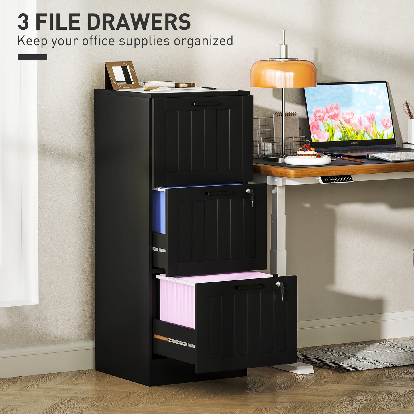 3 Drawer File Cabinet with Lock and Adjustable Hanging Bars, Black