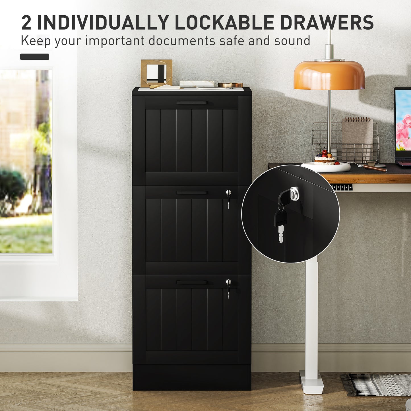3 Drawer File Cabinet with Lock and Adjustable Hanging Bars, Black