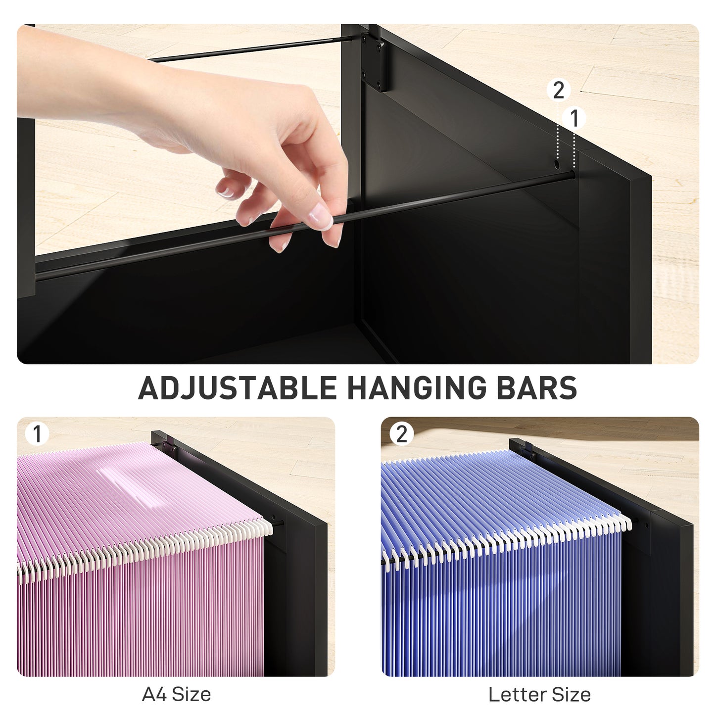 3 Drawer File Cabinet with Lock and Adjustable Hanging Bars, Black
