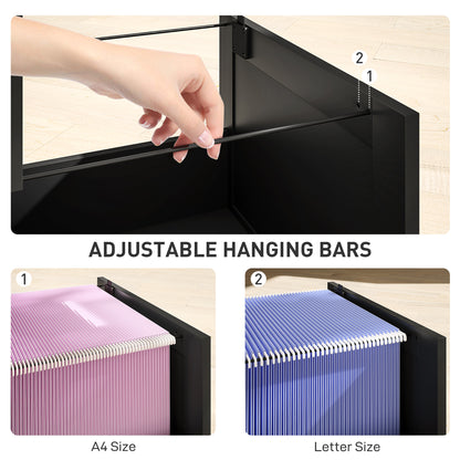 3 Drawer File Cabinet with Lock and Adjustable Hanging Bars, Black