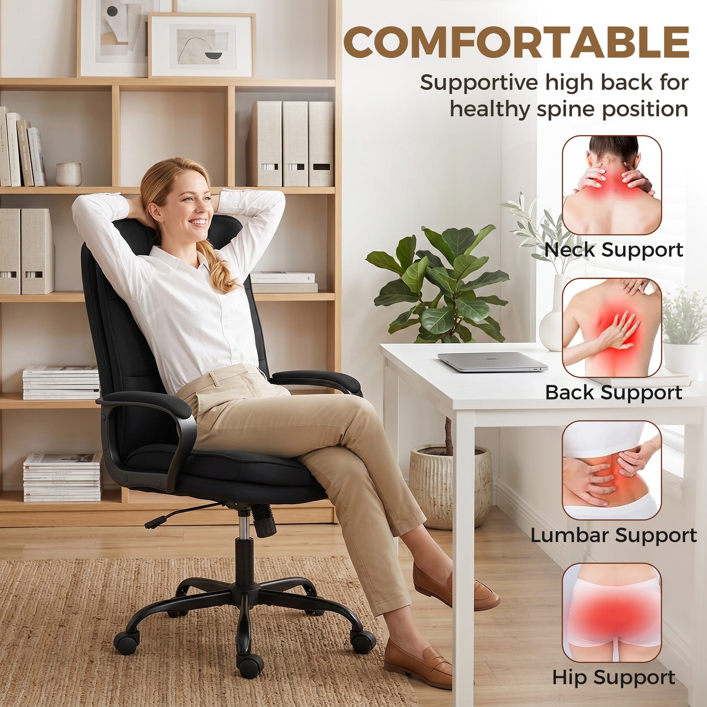 Executive Office Chair, Fabric Computer Desk Chair with Dual-Layer Padding, High Back, Silent Swivel Wheels, Armrest, Height Adjustable, Rocking Function for Home, Black