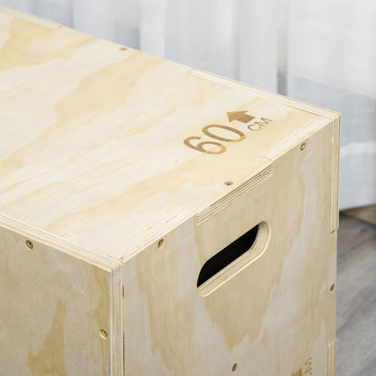 3-in-1 Wooden Plyo Box for Home Gym, Workout Training, Natural