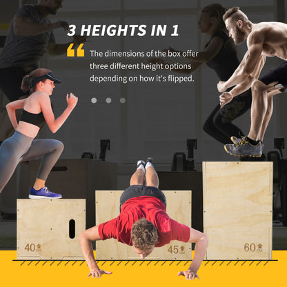 3-in-1 Wooden Plyo Box for Home Gym, Workout Training, Natural