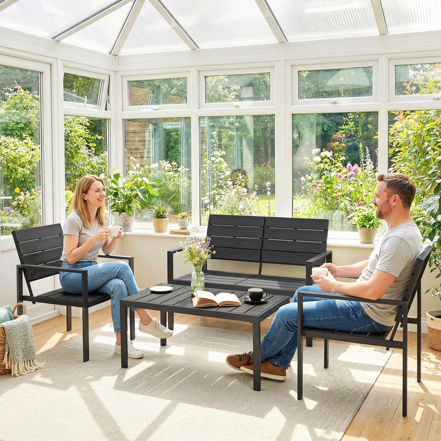 4 Piece Garden Furniture Set, HDPE Metal Outdoor Sofa, Black