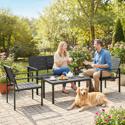 4 Piece Garden Furniture Set, HDPE Metal Outdoor Sofa, Black