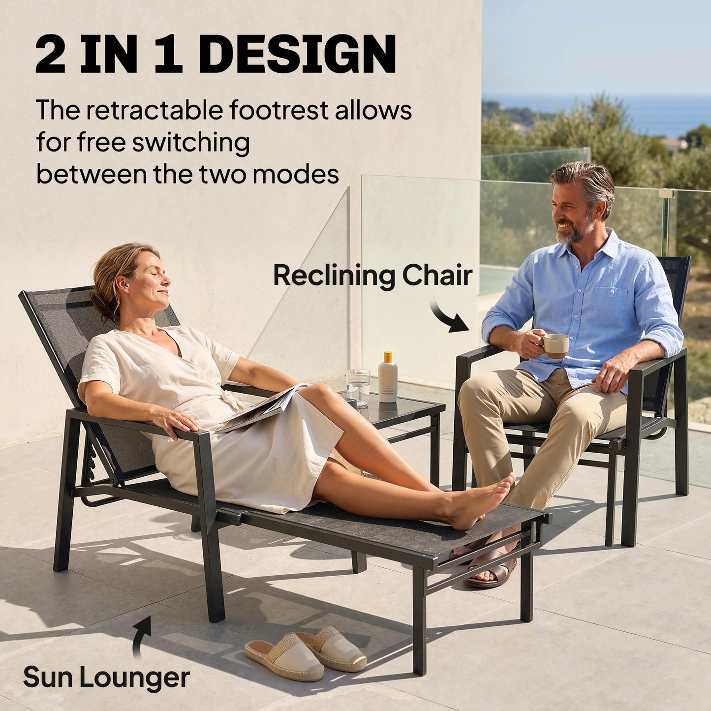 Sun Lounger w/ Retractable Footrest, 5-Position Adjustable
