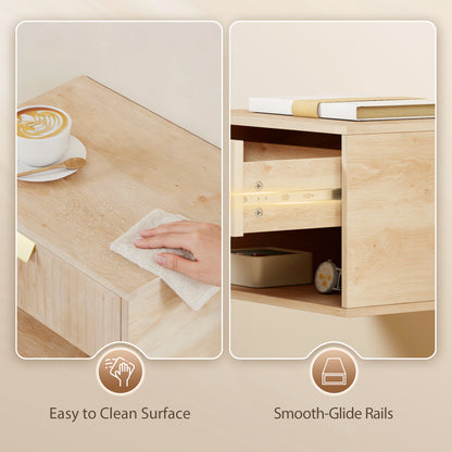 Floating Bedside Tables Set of 2 with Fluted Drawer Open Shelf Oak