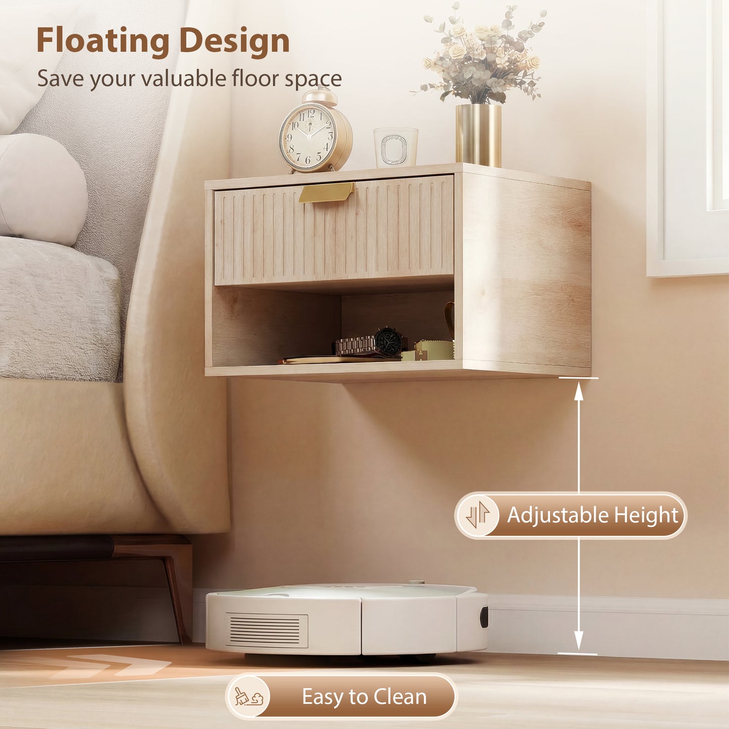 Floating Bedside Tables Set of 2 with Fluted Drawer Open Shelf Oak