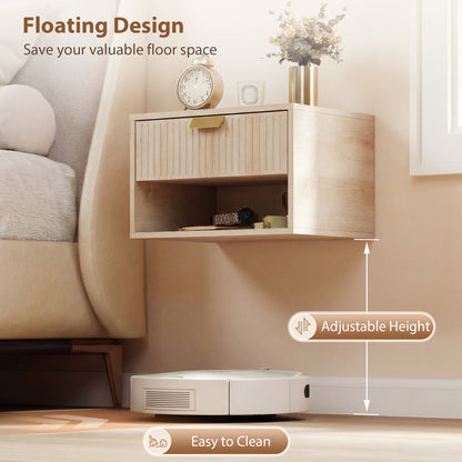 Floating Bedside Tables Set of 2 with Fluted Drawer Open Shelf Oak