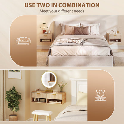Floating Bedside Tables Set of 2 with Fluted Drawer Open Shelf Oak