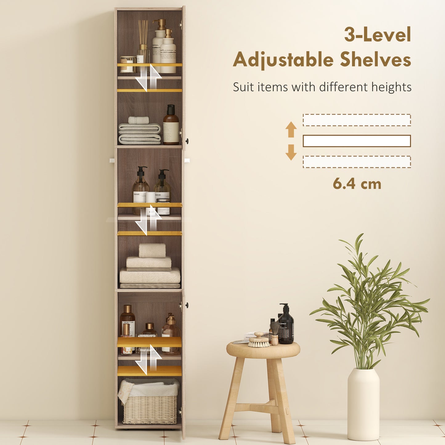 182 cm Tall Bathroom Cabinet with Adjustable Shelves, Natural