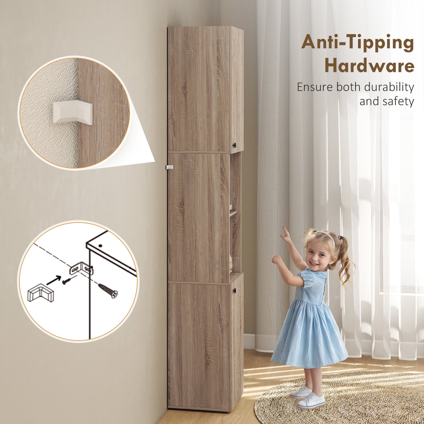 182 cm Tall Bathroom Cabinet with Adjustable Shelves, Natural