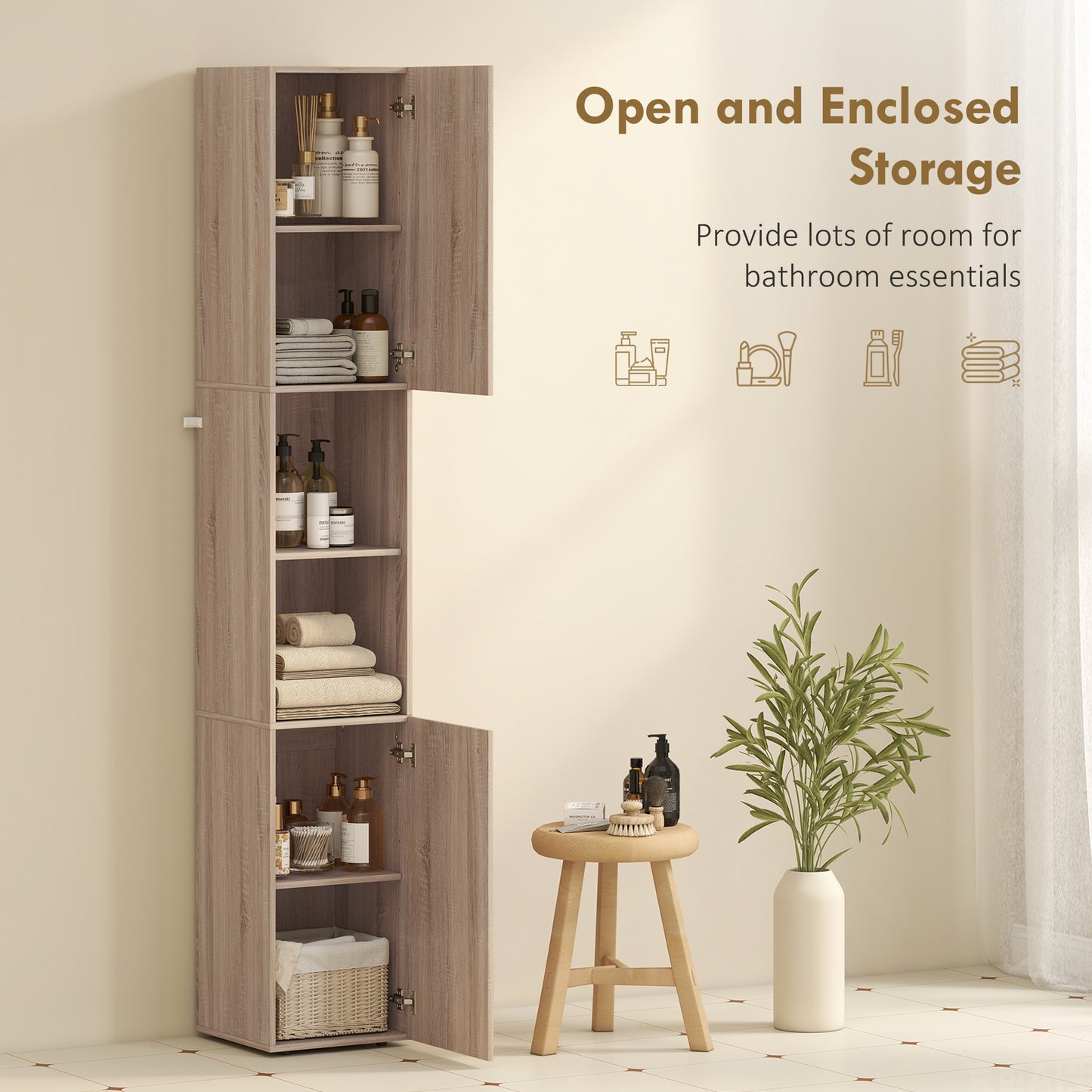 182 cm Tall Bathroom Cabinet with Adjustable Shelves, Natural