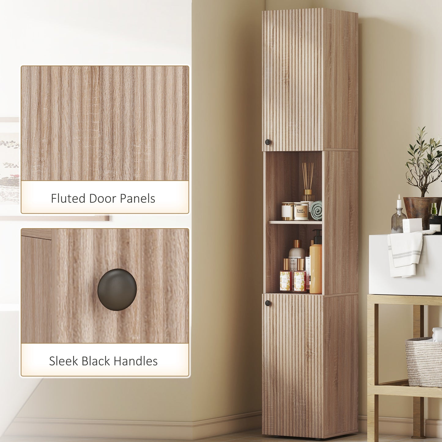 182 cm Tall Bathroom Cabinet with Adjustable Shelves, Natural