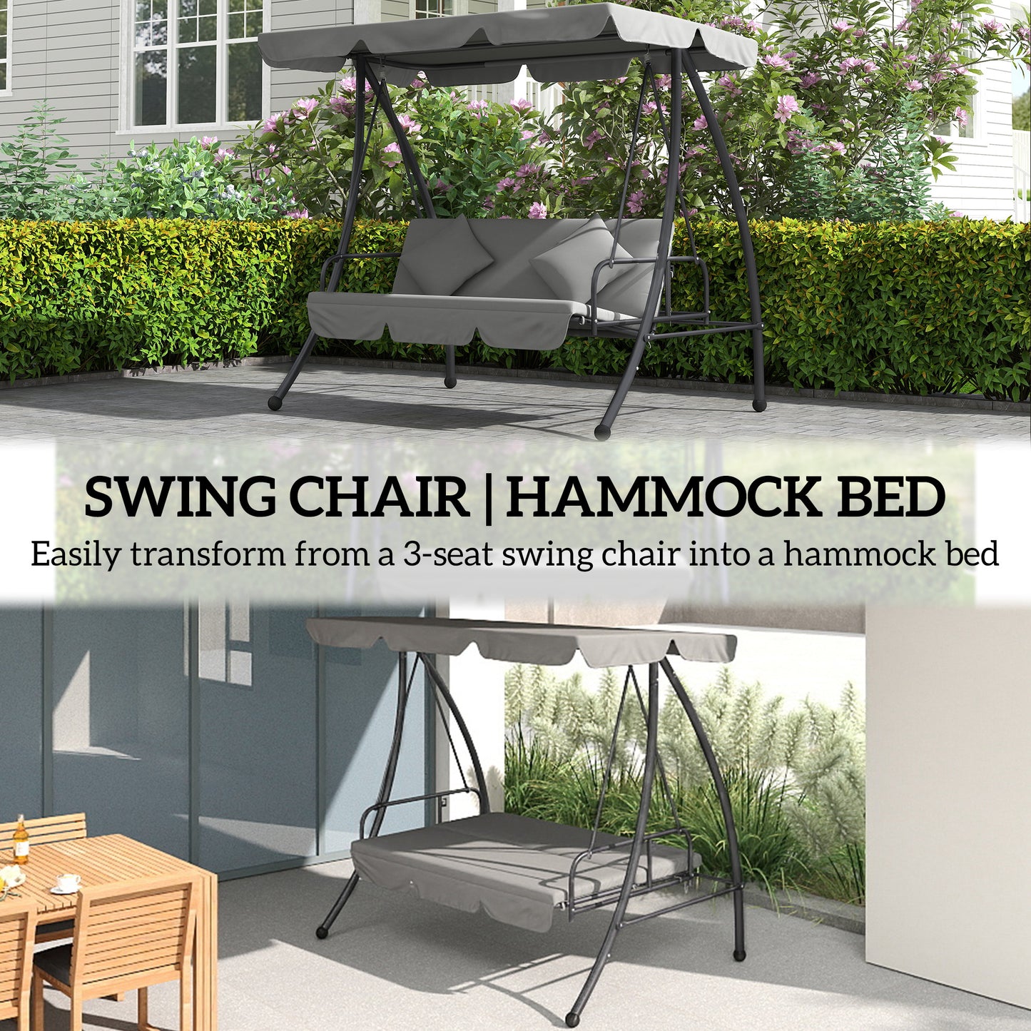 2-in-1 Swing Chair 3 Seater Hammock Cushion Bed Tilt Canopy