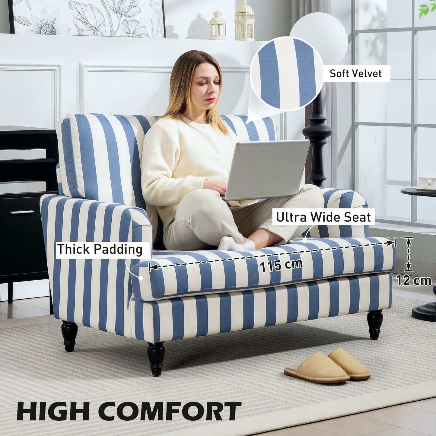 Accent Chair with Stripe, Armchair for Living Room, Blue and White
