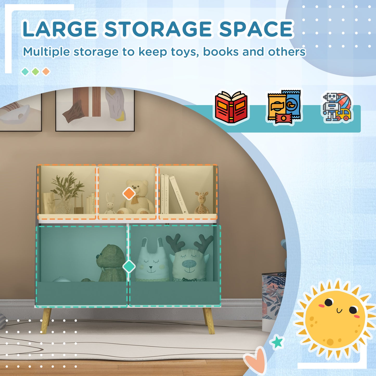Kids Storage Shelf with 5 Compartments, Anti-Tip Device, Grey