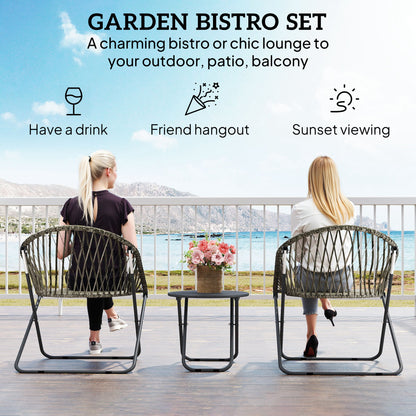 Outdoor Bistro Set, Folding Table and Rattan Chairs for 2, Grey