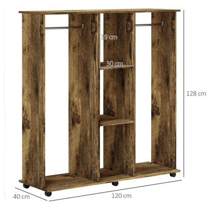 Mobile Double Open Wardrobe w/ Clothes Hanging Rail, Rustic Brown