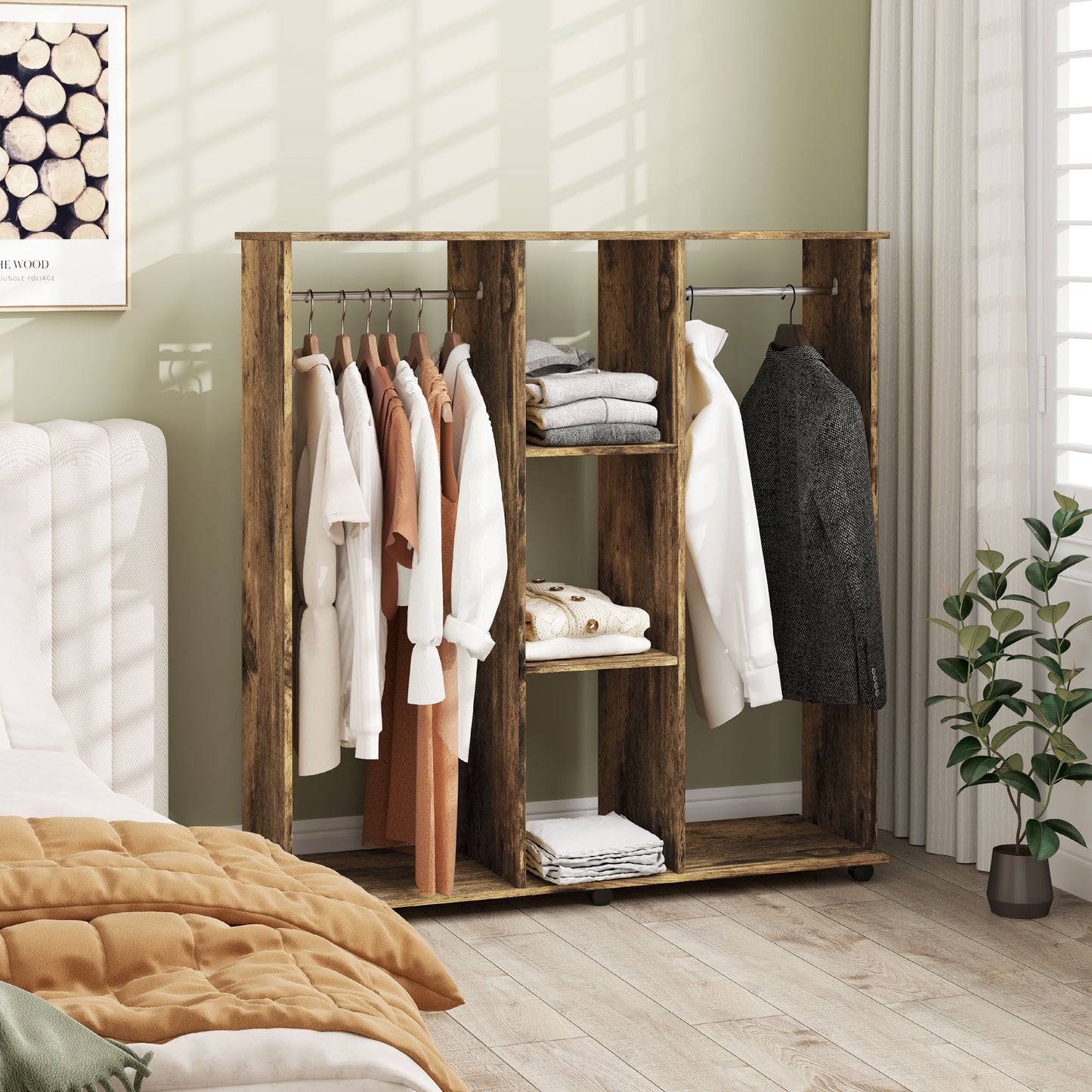 Mobile Double Open Wardrobe w/ Clothes Hanging Rail, Rustic Brown
