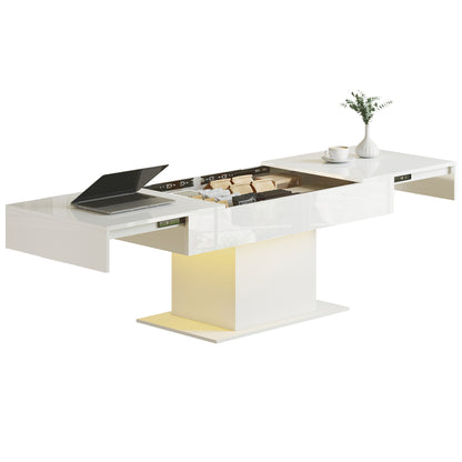 Extendable Coffee Table, Living Room Table with LED Lights, White