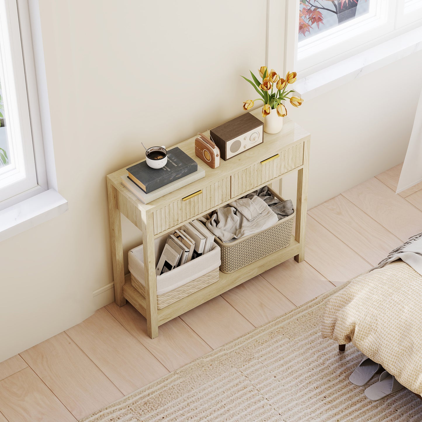 Modern Console Table with Fluted Panel Drawers, Narrow Hallway Table