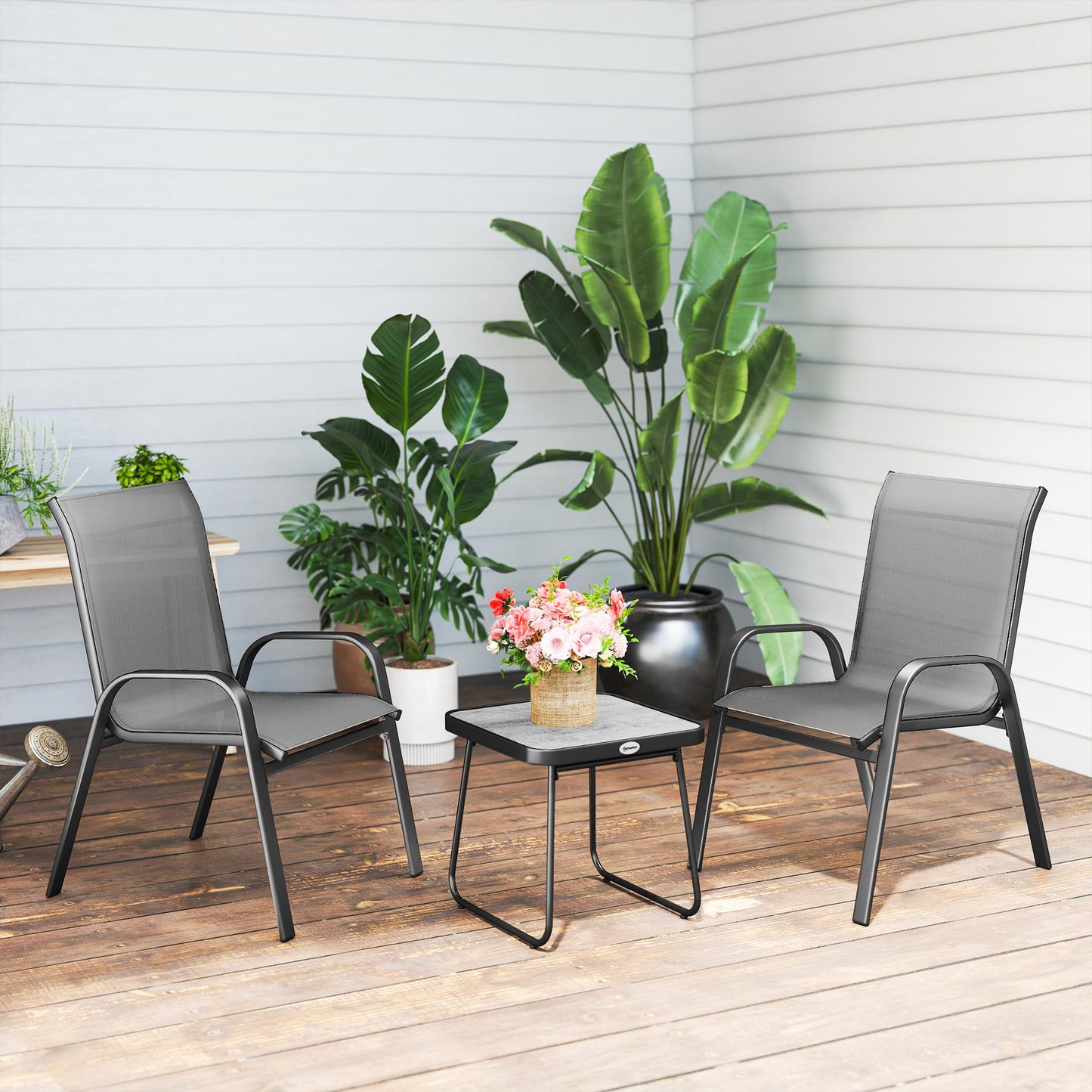 3PCs Bistro Set with Breathable Mesh Fabric Stackable Chairs Light Grey