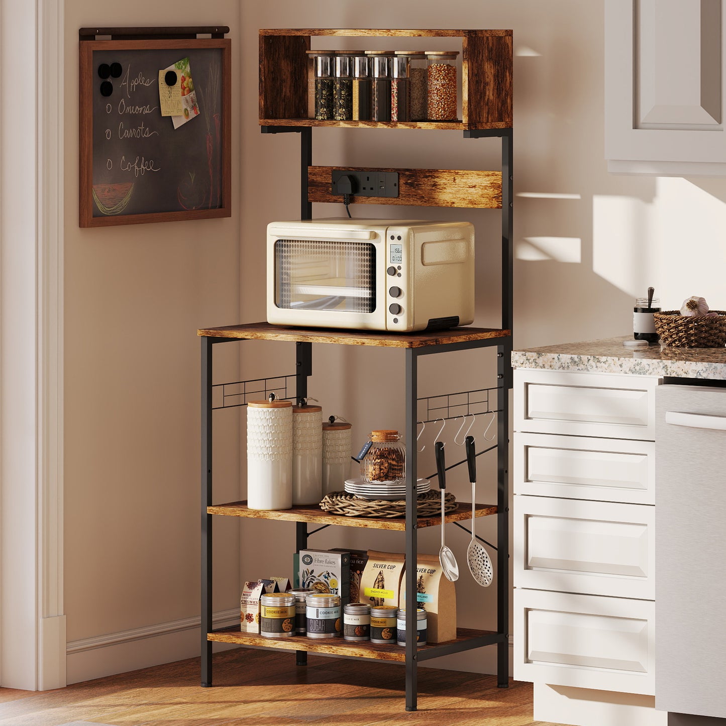 Bakers Rack with Power Outlet, 5 Hooks, Microwave Stand, Brown