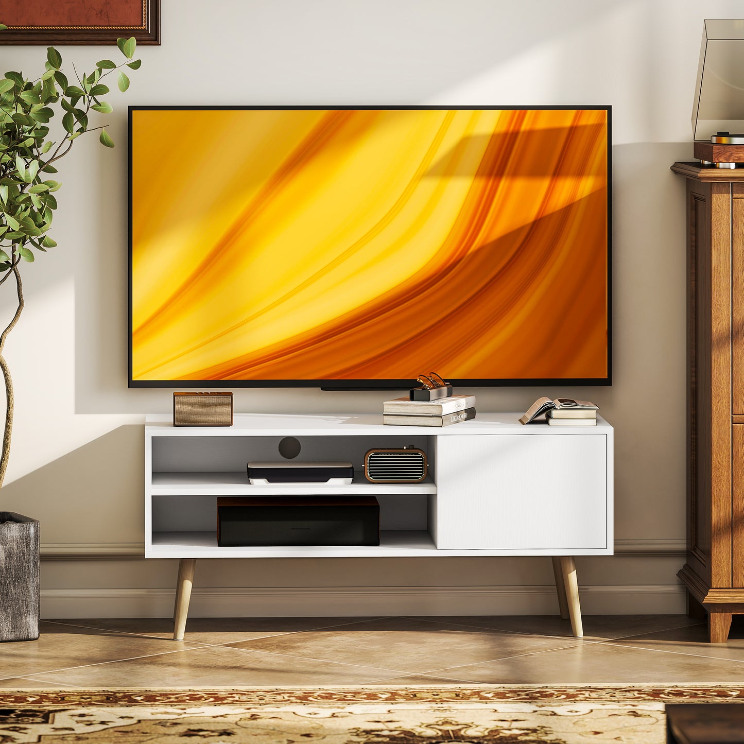 TV Unit Cabinet for TVs up to 55Inches with Cupboard Shelves, White