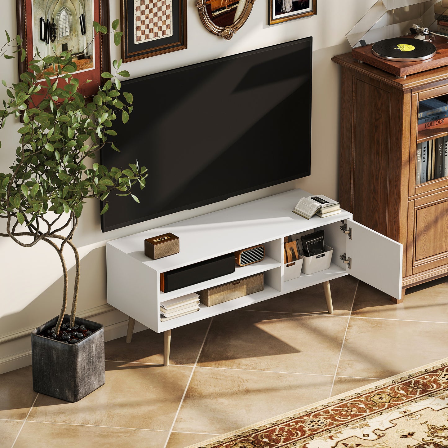 TV Unit Cabinet for TVs up to 55Inches with Cupboard Shelves, White