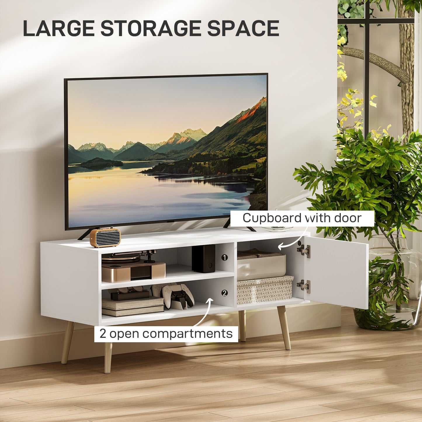 TV Unit Cabinet for TVs up to 55Inches with Cupboard Shelves, White
