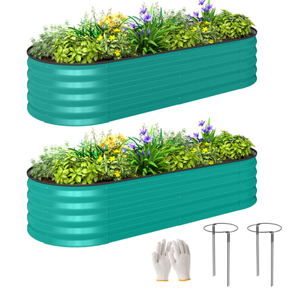 Set of 2 Raised Beds for Garden with Metal Plant Stakes, Green