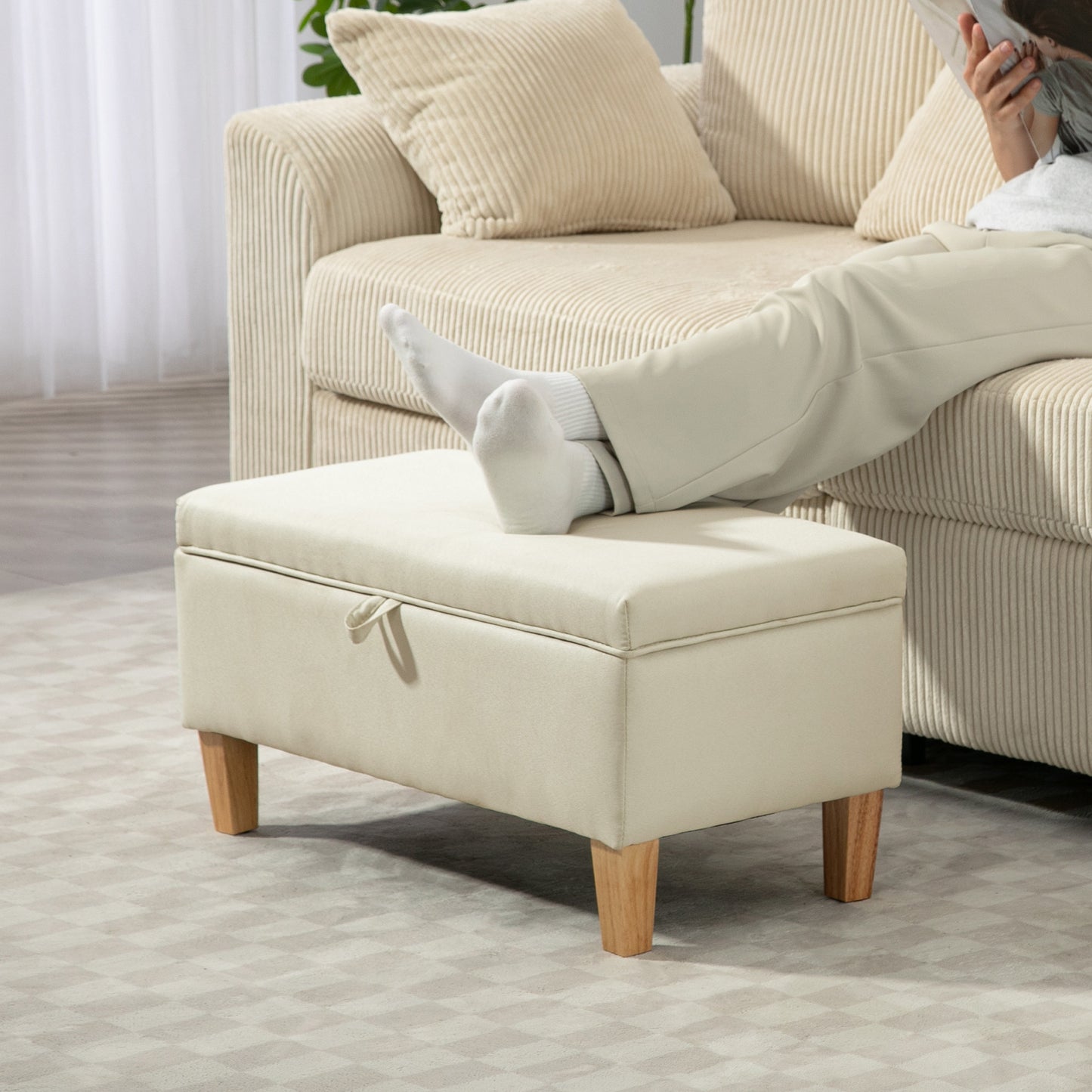 Linen Storage Ottoman Storage Box with Rubberwood Legs, Beige