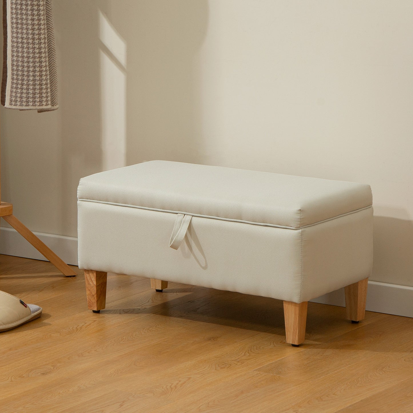 Linen Storage Ottoman Storage Box with Rubberwood Legs, Beige