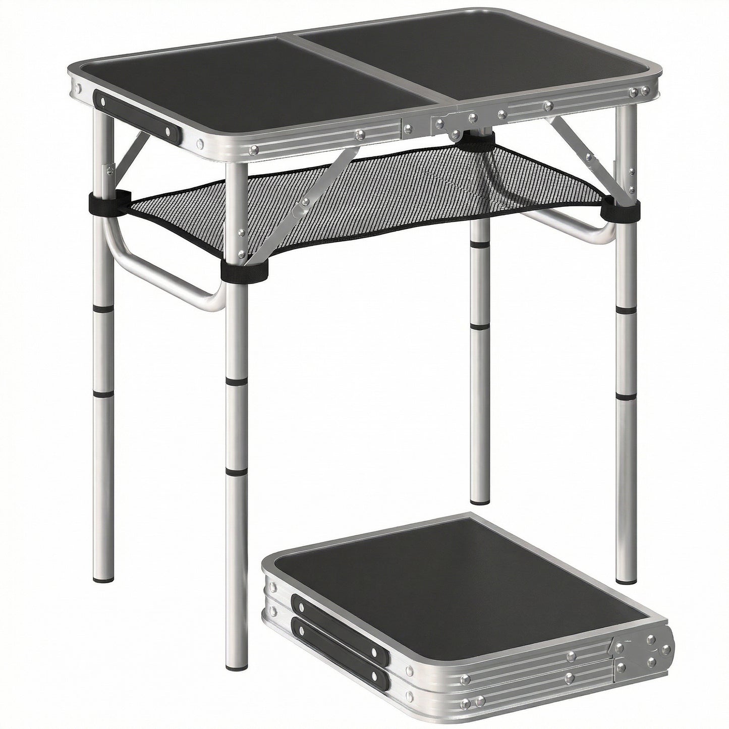 2ft Folding Camping Table, Picnic Table with Storage Layer, Black