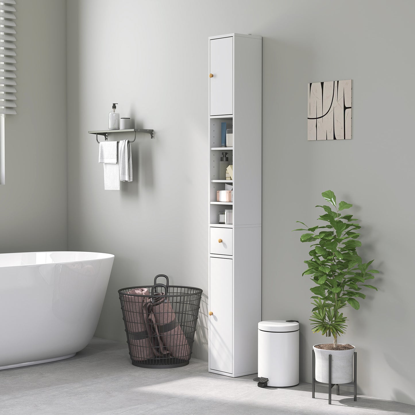 Tall Bathroom Cabinet with Drawer and Adjustable Shelves, White
