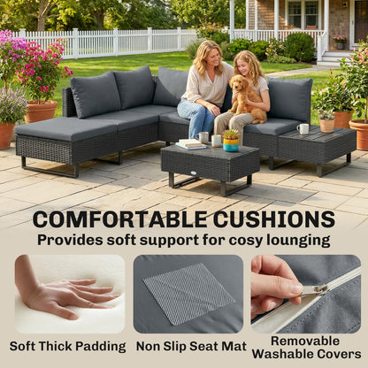 5 Seater Rattan Garden Furniture Set, Adjustable Back Corner Sofa Outdoor Lounge Set, Loveseat, Faux Wood Table, Cushions, L Shaped Patio Furniture Conversation Sets, Metal Frame, Dark Grey