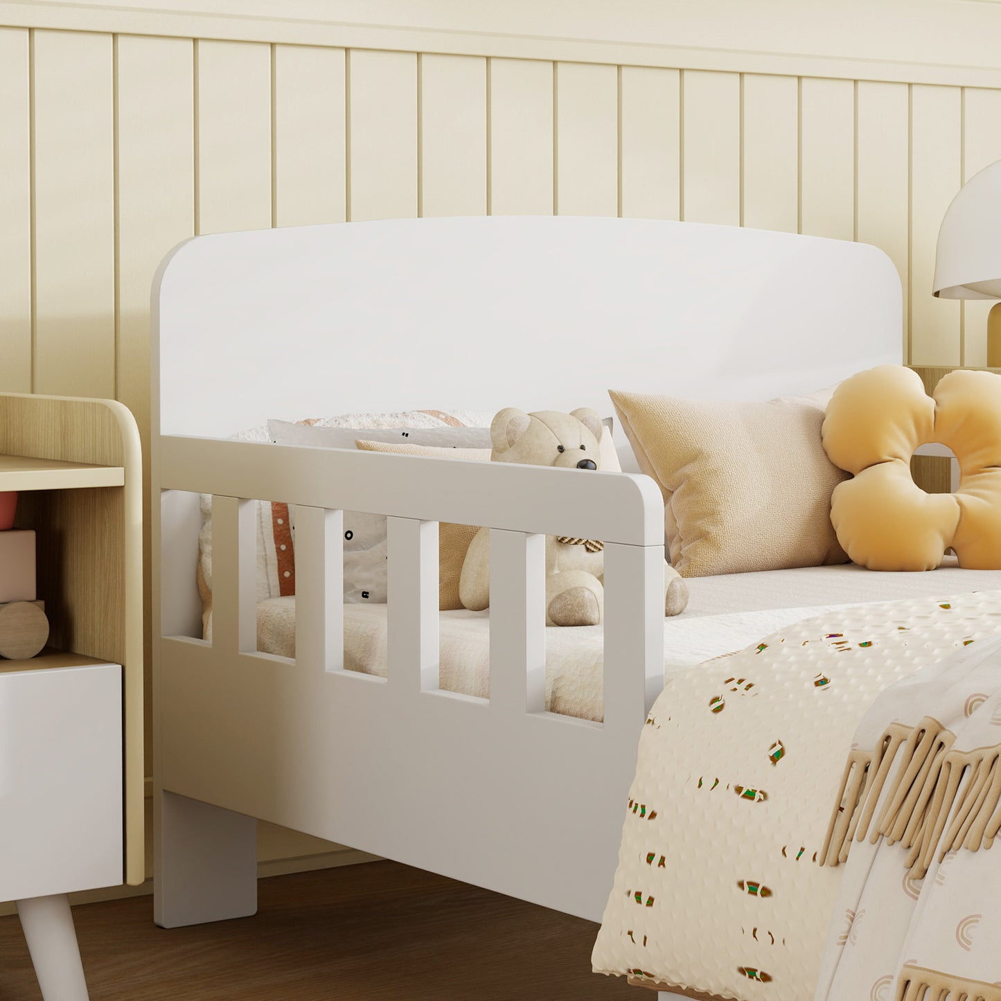 Kids Toddler Bed Frame with Safety Side Rails for 3-8 Years, White