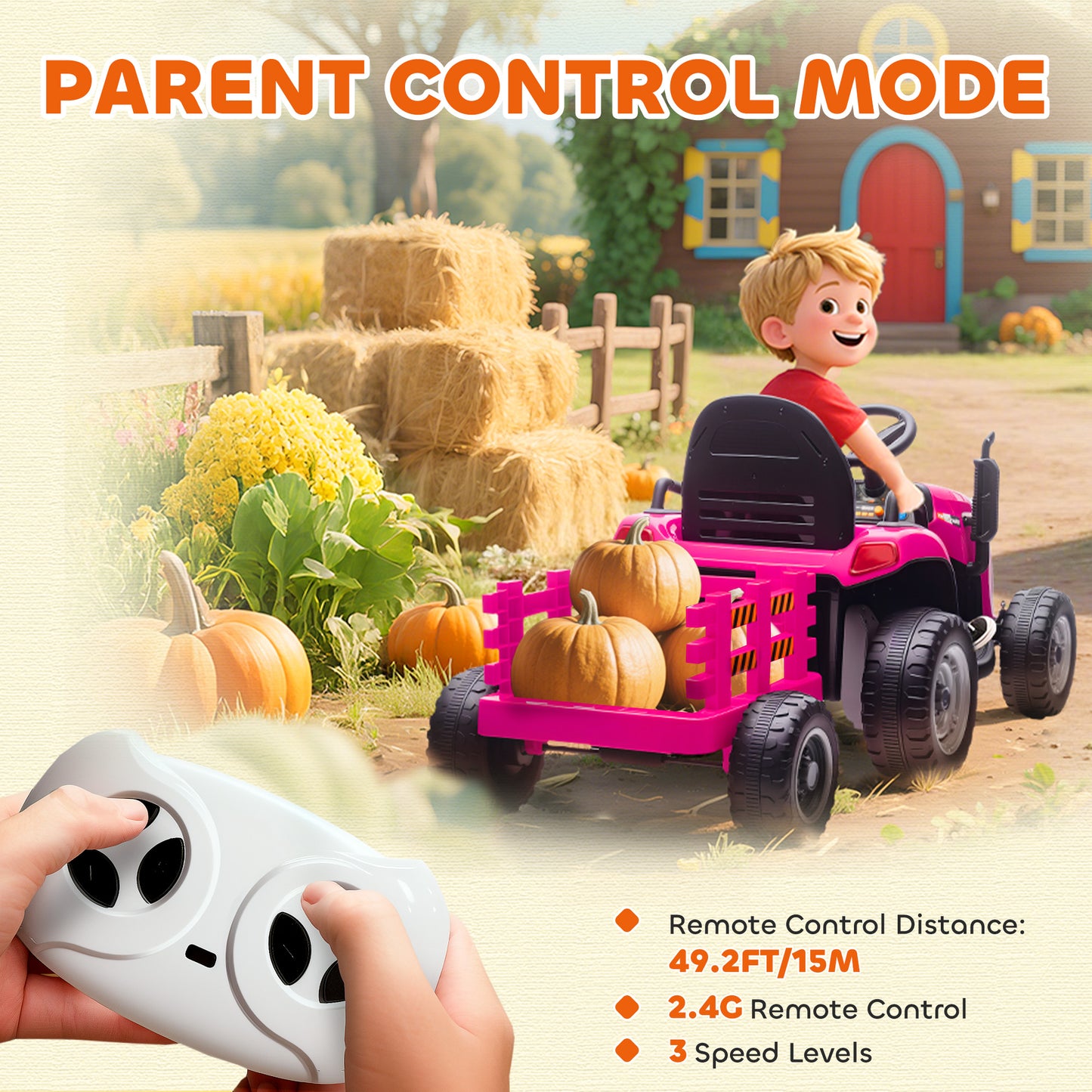 Ride on Tractor and Trailer, 12V Electric Ride on Tractor, Pink