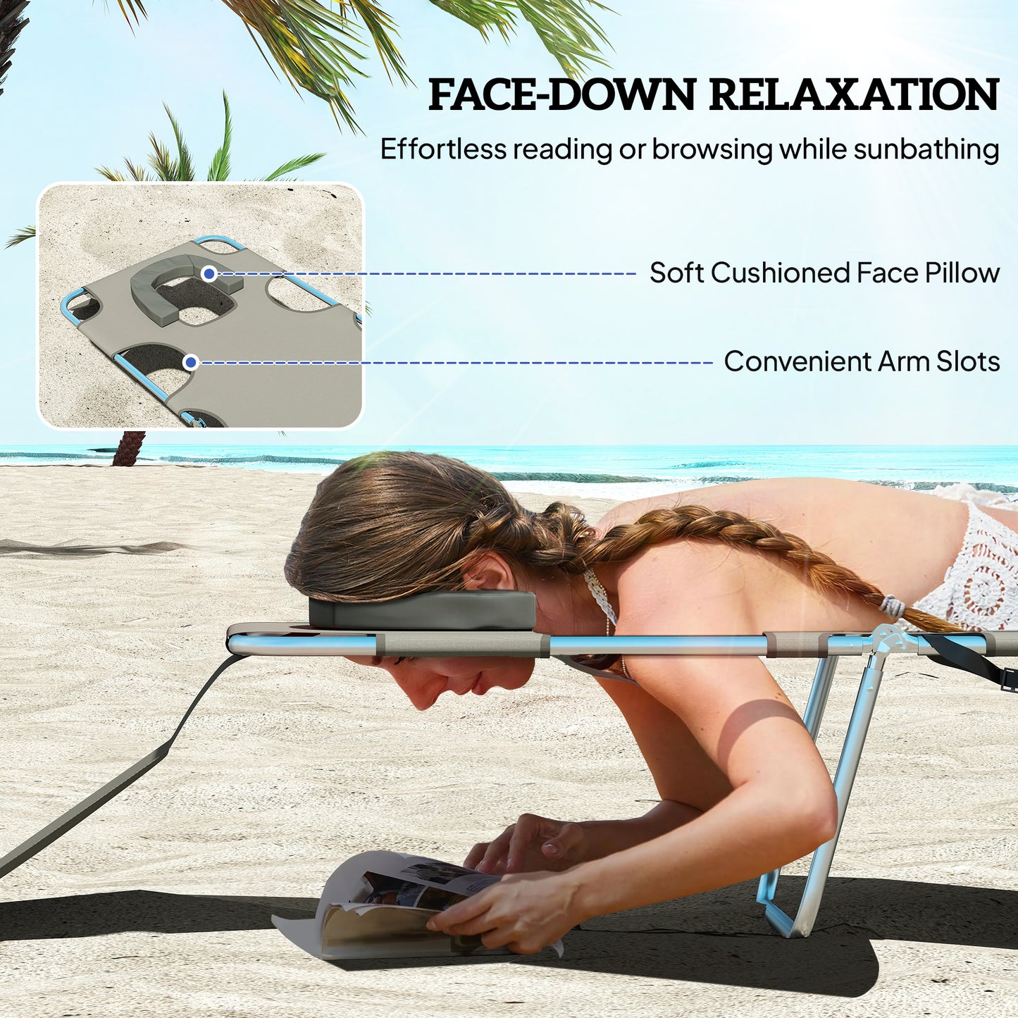 Sun Lounger with Reading Hole, Folding Garden Lounger, Dark Grey