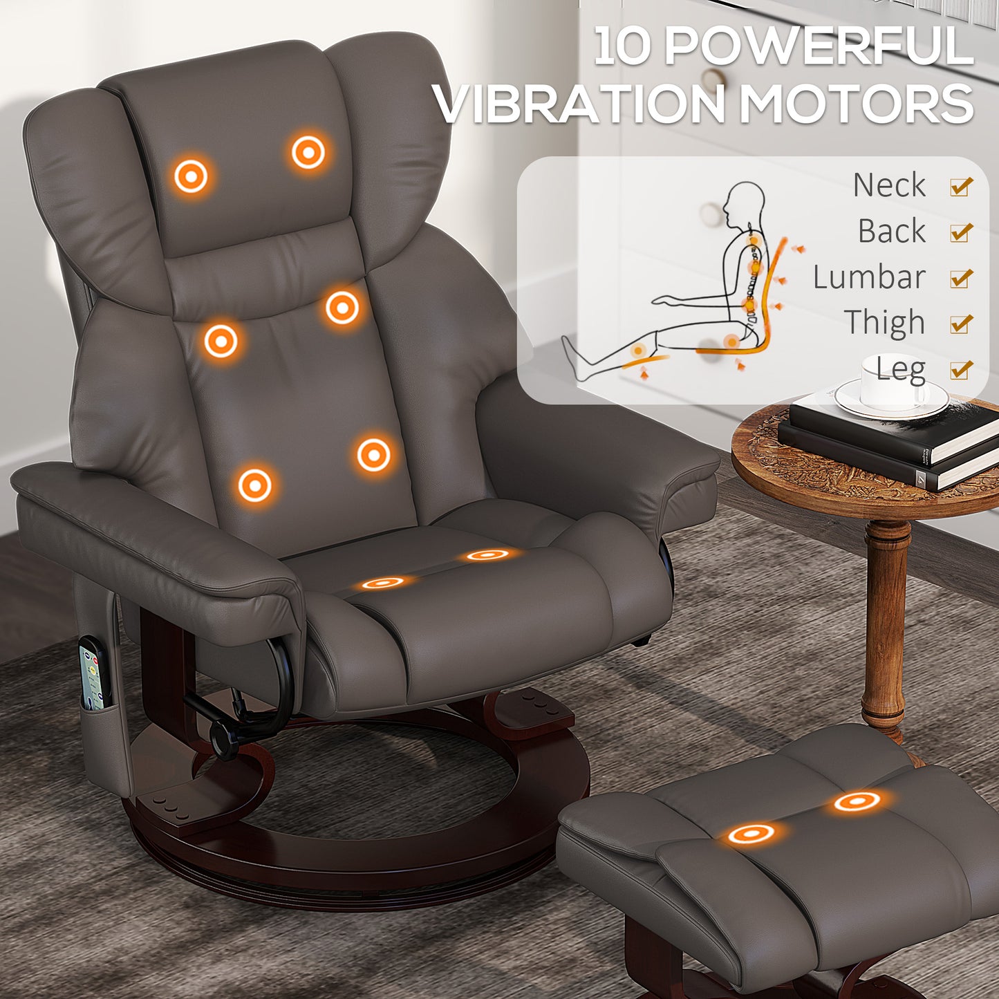 Massage Recliner Chair with Footstool and Adjustable Backrest, Brown