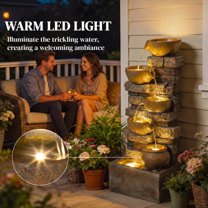 Outdoor Fountain with LED Lights, Cascading Waterfall Feature