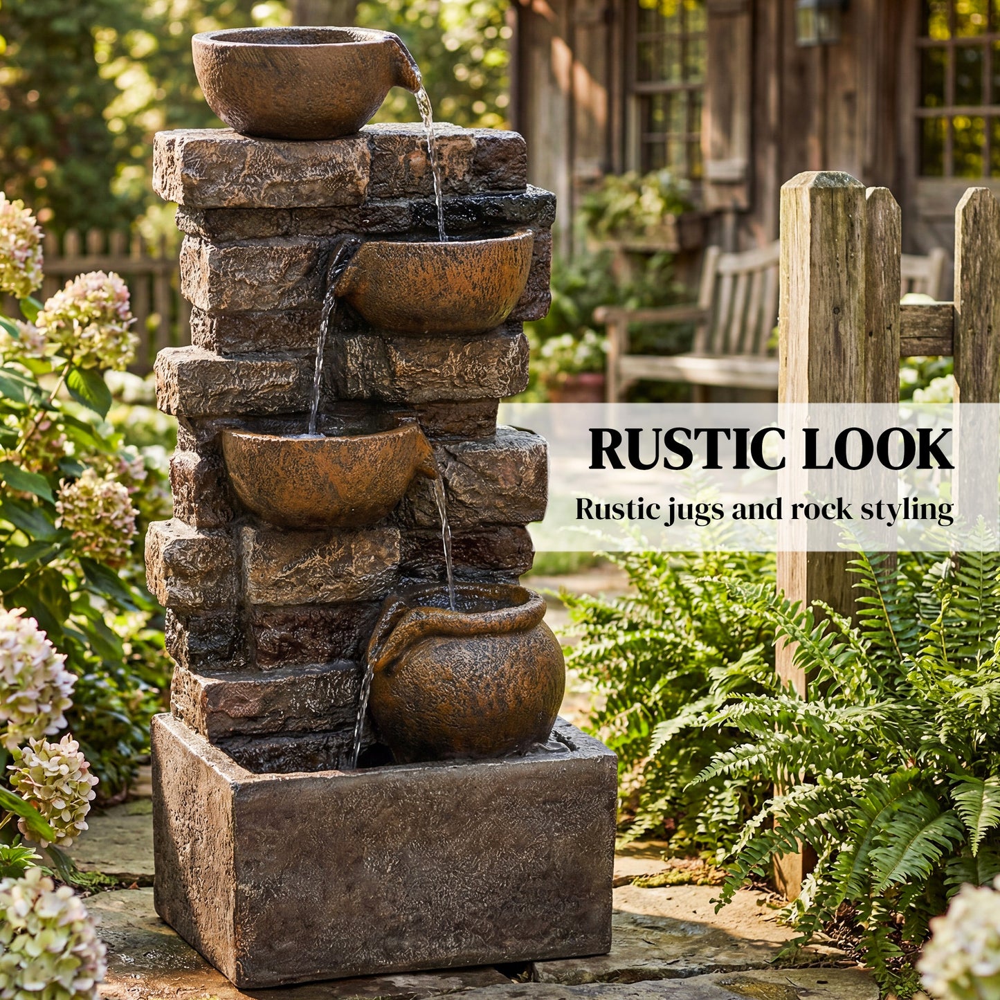 Outdoor Fountain with LED Lights, Cascading Waterfall Feature